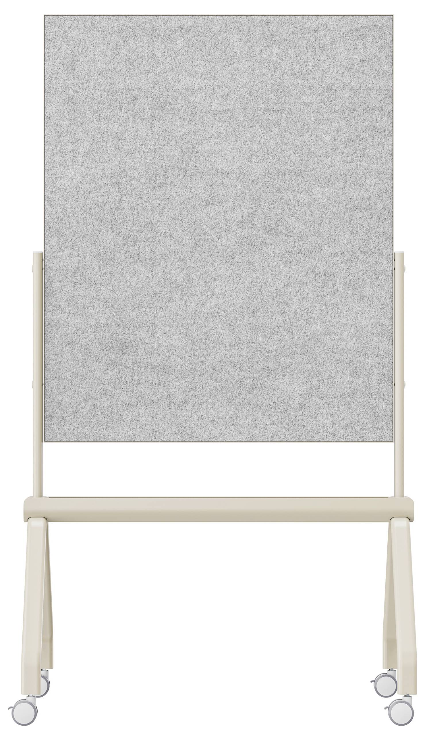 Ein mobiler, mit Stoff bezogener Raumteiler auf Rollen, von vorne gezeigt, der zu akustischen Zwecken oder zur Raumtrennung in einem Büroumfeld verwendet wird.