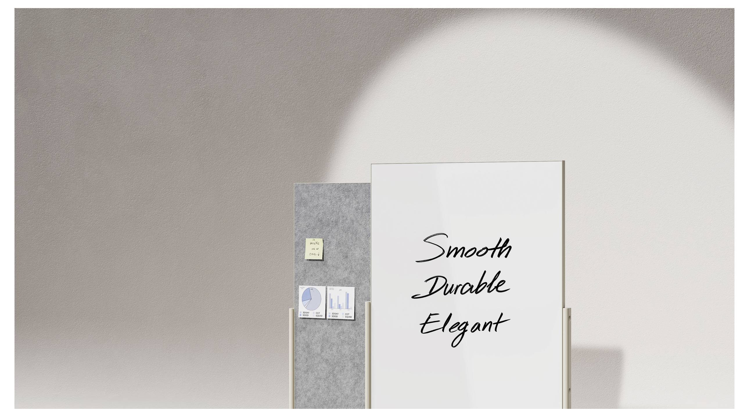 Ein Whiteboard mit den Worten „Smooth, Durable, Elegant