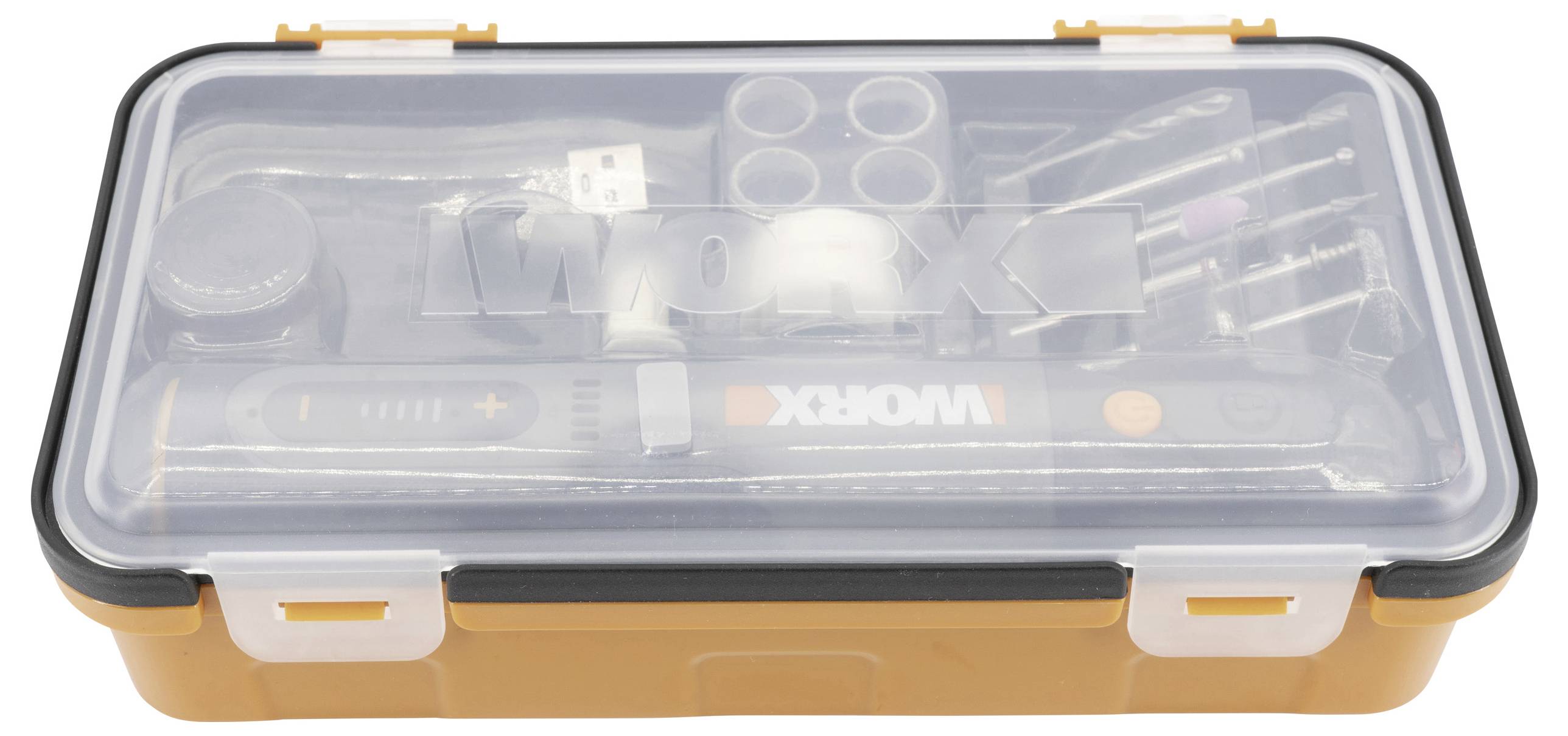 Worx Werkzeugset in einem transparenten Kunststoffkoffer. Enthält verschiedene Werkzeuge und Zubehörteile, einschließlich eines Elektrowerkzeugs, Bits und USB-Kabel.