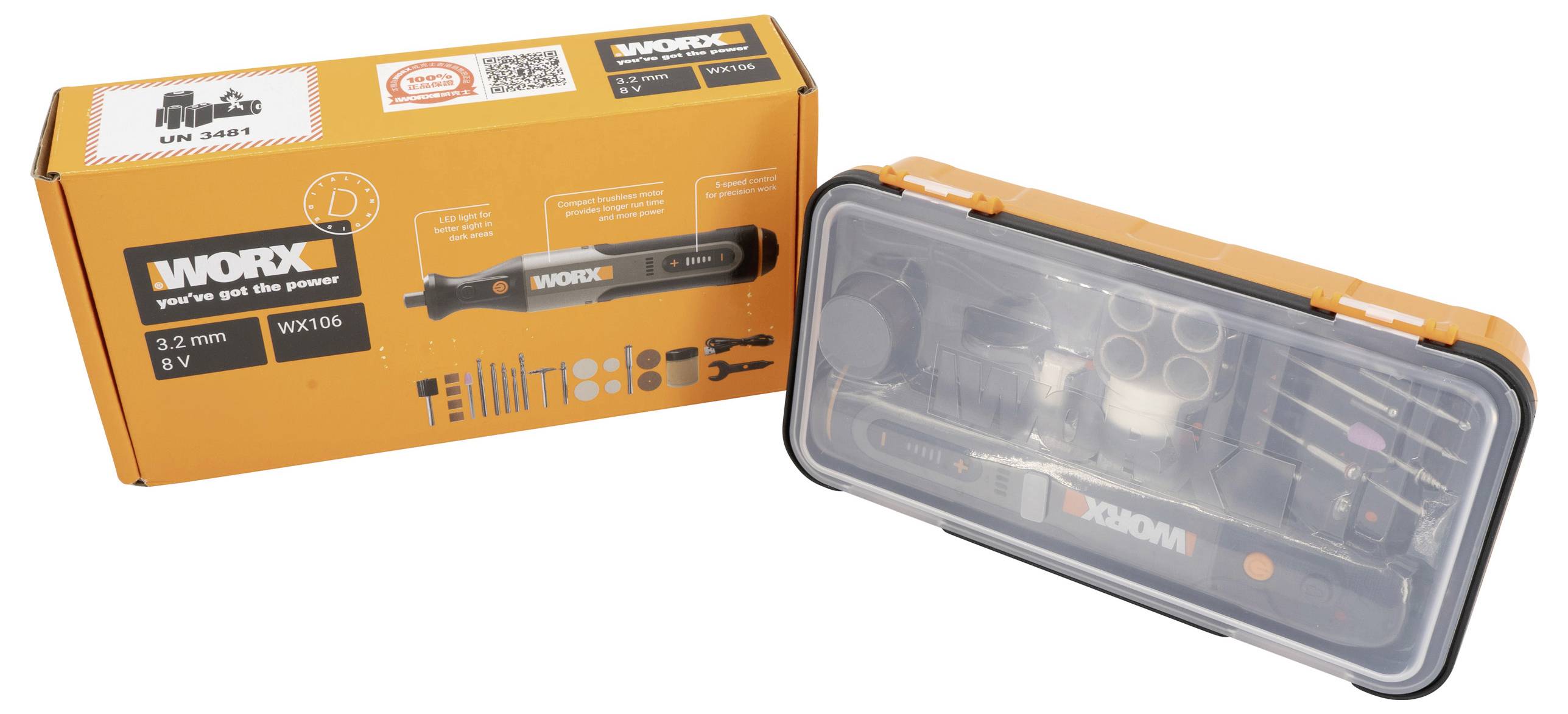 Ein kompaktes Schraubendreher-Set von Worx, beschriftet mit 