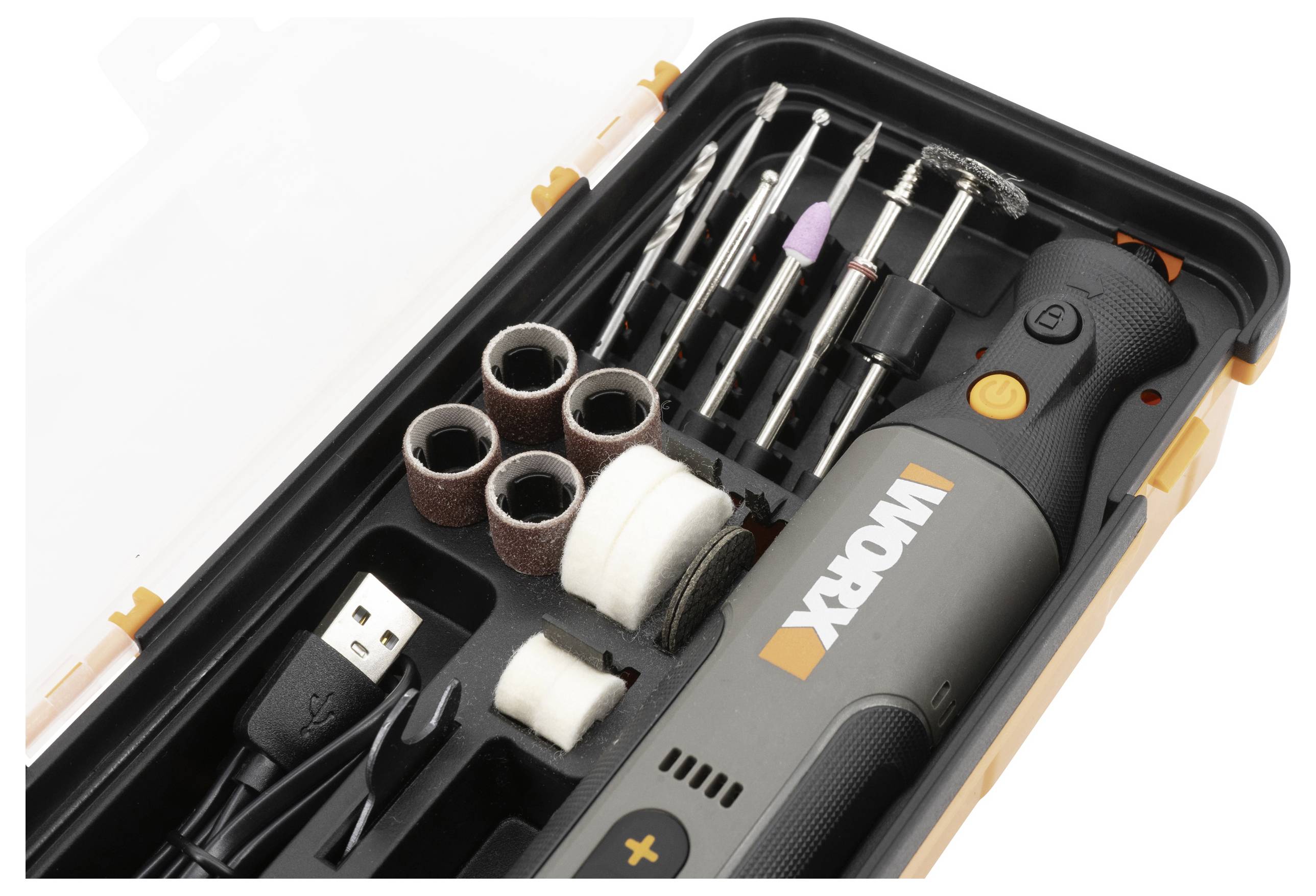 Ein tragbares Schleifer-Set in einem Koffer enthält verschiedene Bohrer, Schleifhülsen, ein USB-Ladekabel und Zubehör für detaillierte Arbeiten.