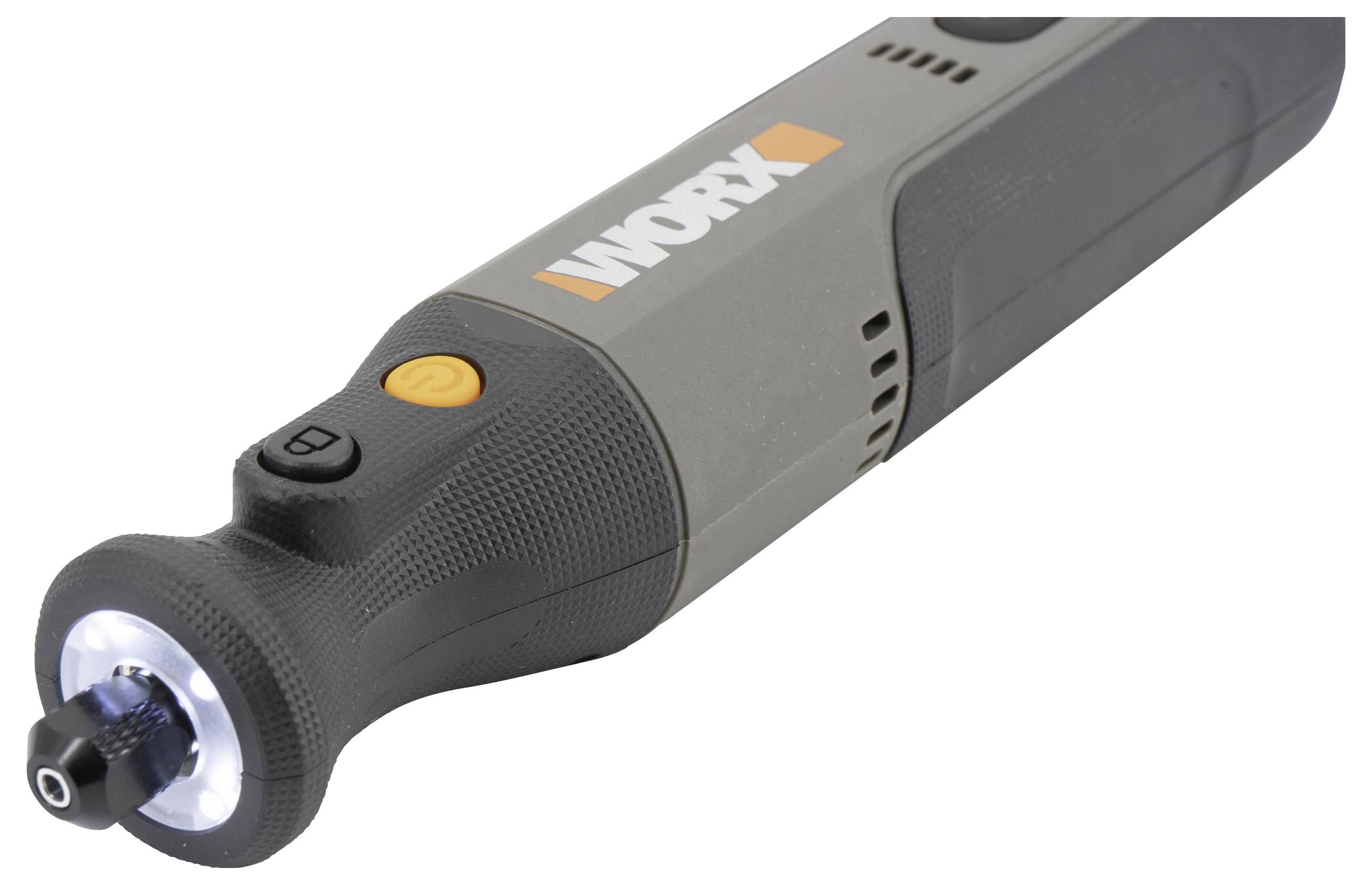 Tragbares Rotationswerkzeug mit ergonomischem Griff in Grau und Schwarz, ausgestattet mit einem kleinen Licht an der Spitze und Markentext an der Seite.