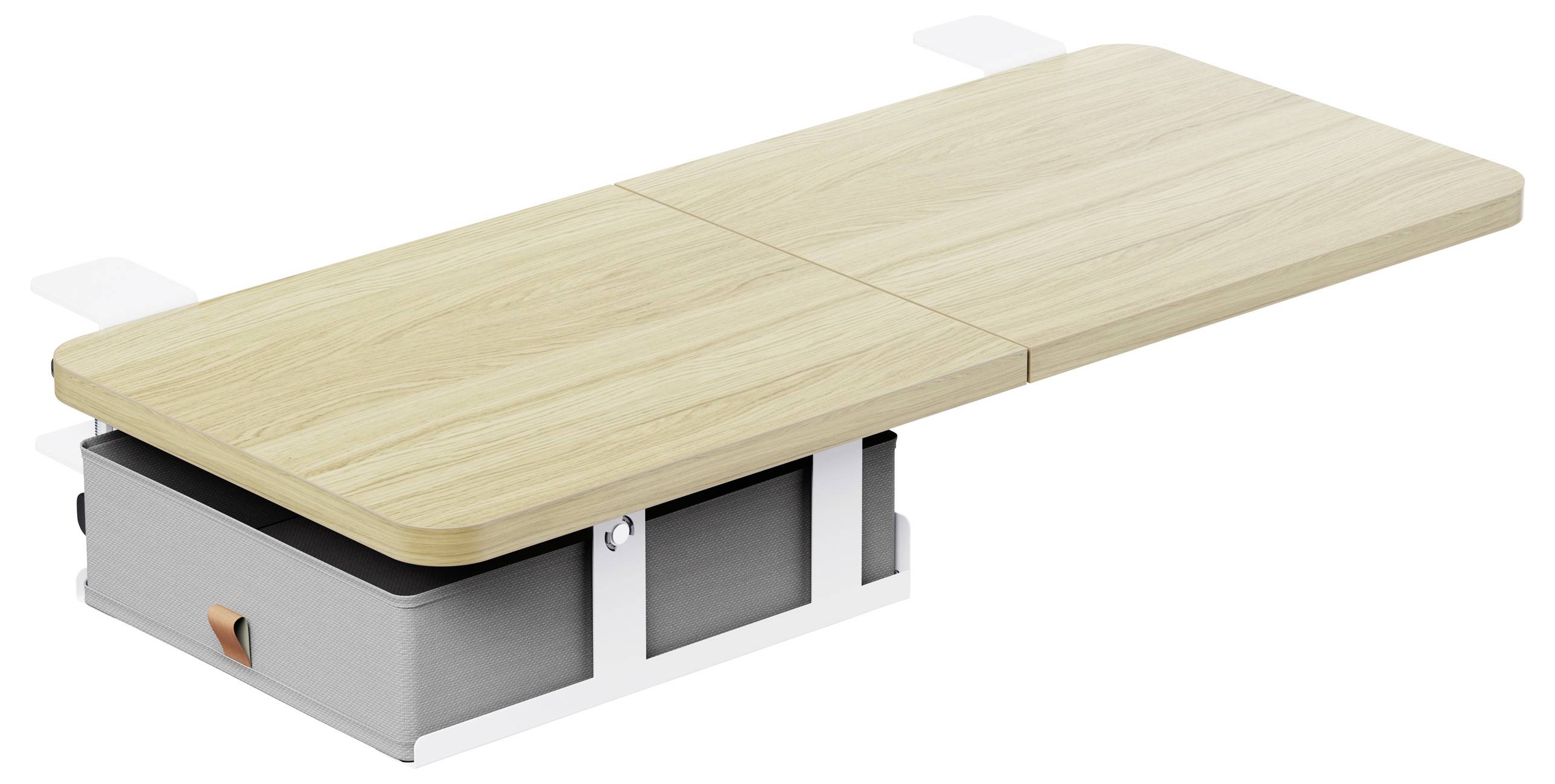 Verstellbarer Holz-Massagetisch mit gepolsterter Basis und offenem Stauraum, gezeigt in einer studioähnlichen Produktansicht auf weißem Hintergrund.