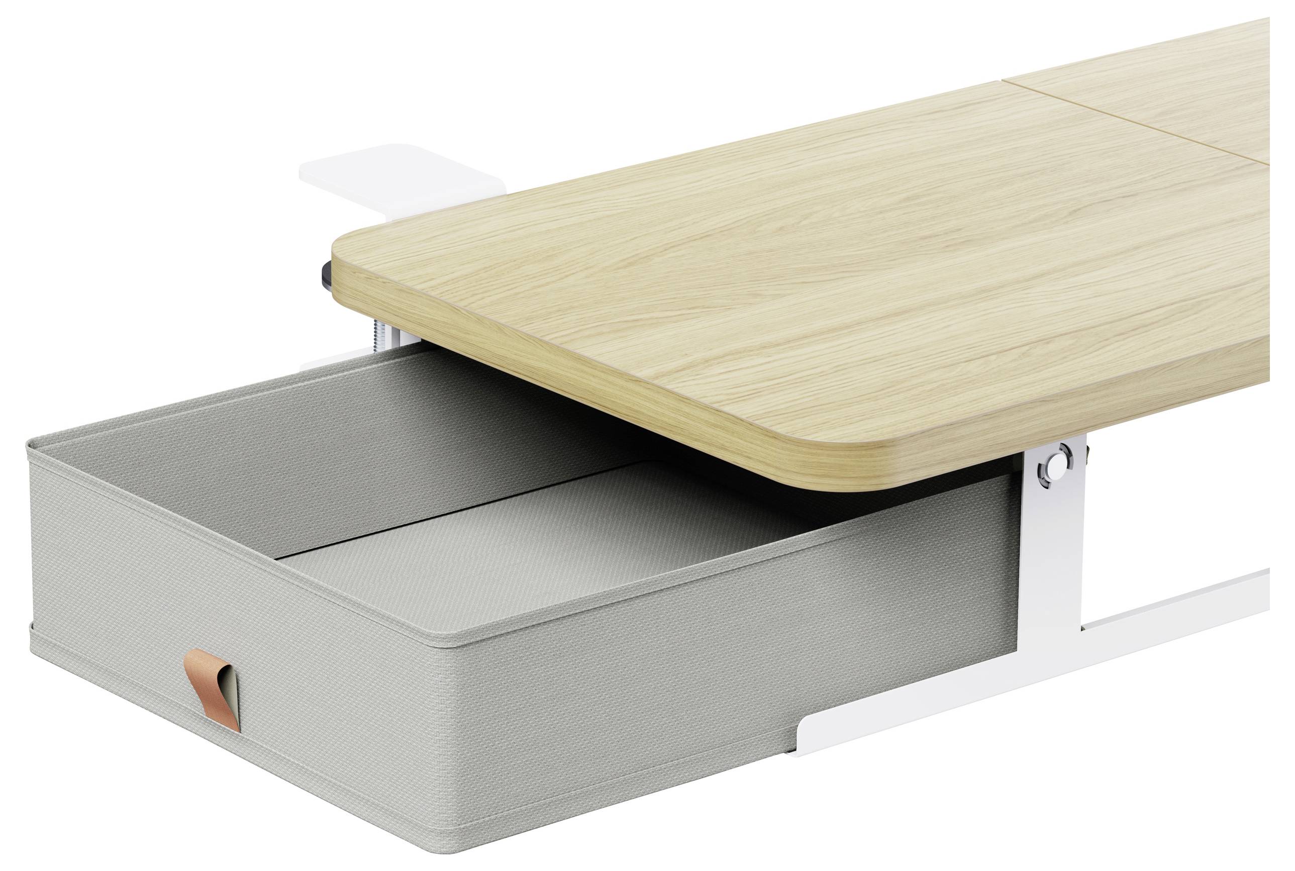 Holzschreibtisch mit einer grauen Stoffausziehschublade unter der Tischplatte, die ein eingebautes Organisationssystem unter dem Schreibtisch zeigt.