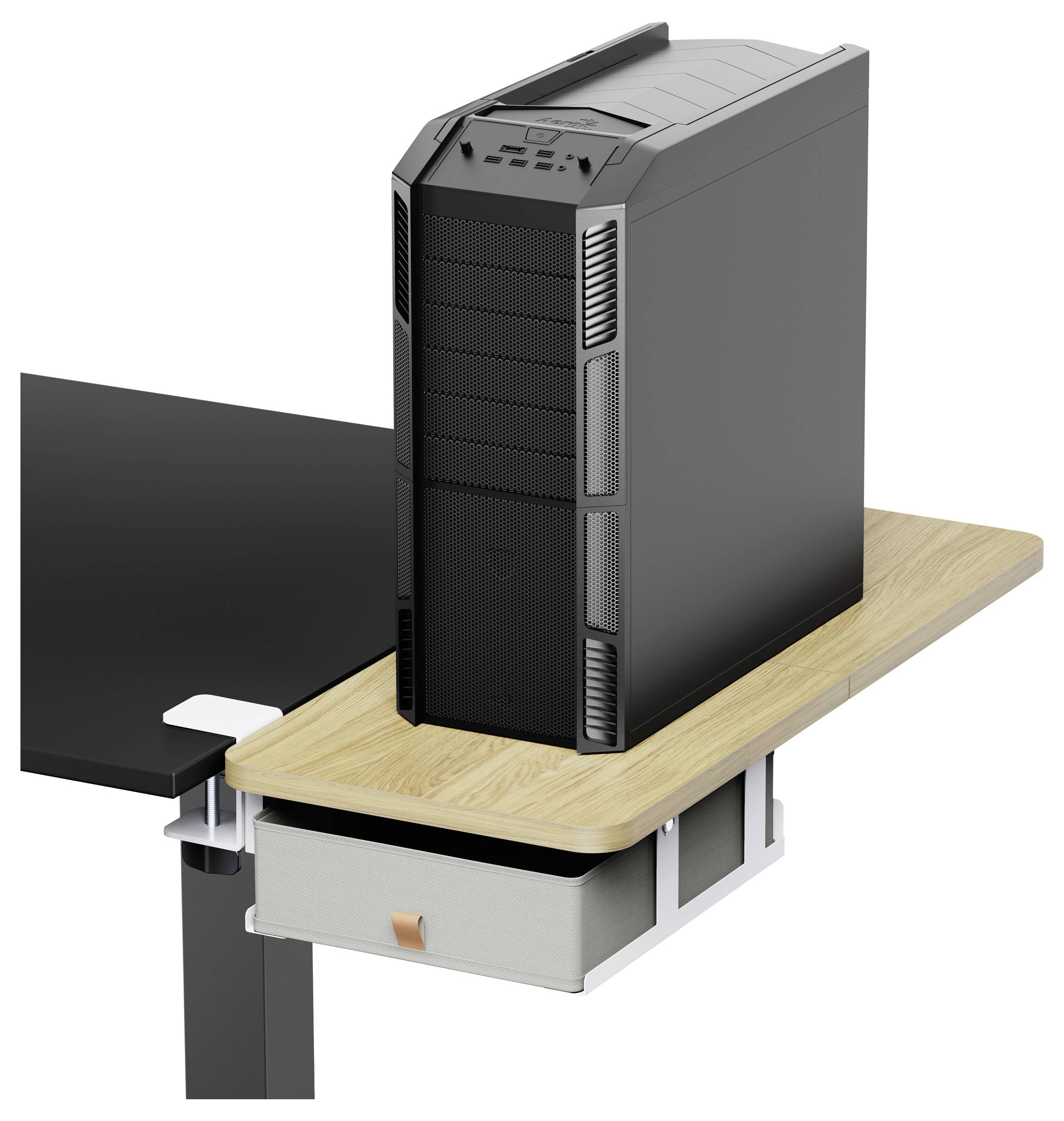 Desktopcomputergehäuse auf einem ausziehbaren Holztablett, das an einem Schreibtisch befestigt ist, mit einer Schublade darunter.