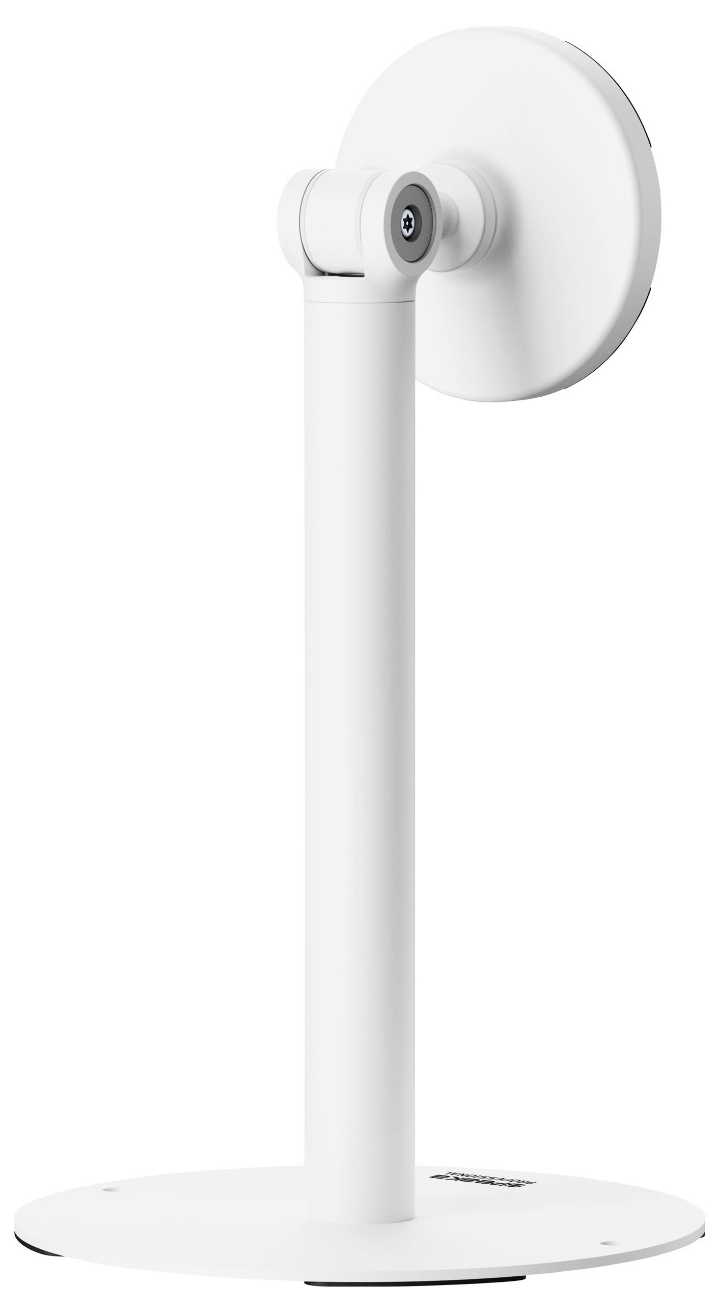 Eine weiße, zylindrische Stehschreibtischlampe mit einer kreisförmigen Basis und einem verstellbaren runden Kopf, von der Seite auf einem einfachen Hintergrund gezeigt.