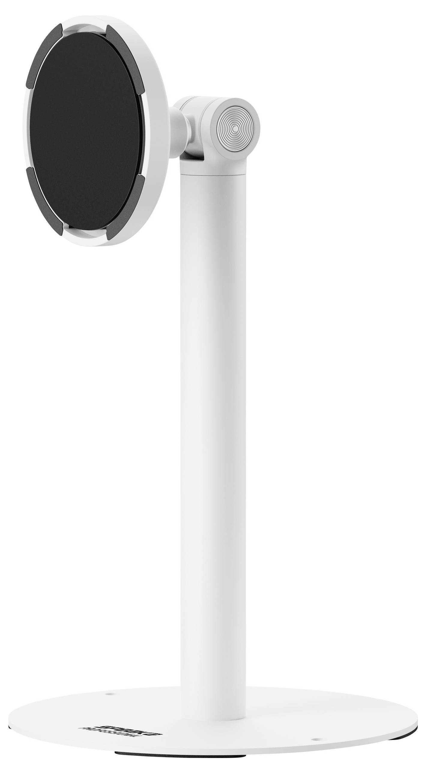 Ein weißer Ständer mit einer kreisförmigen schwarzen Oberfläche oben, wahrscheinlich ein Halter für ein digitales Gerät, vor einem einfachen Hintergrund.