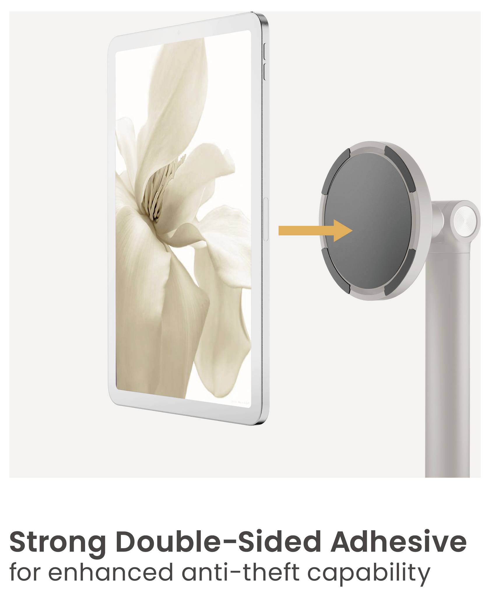 Tablet auf einem Ständer mit einem runden Klebepod befestigt, das 