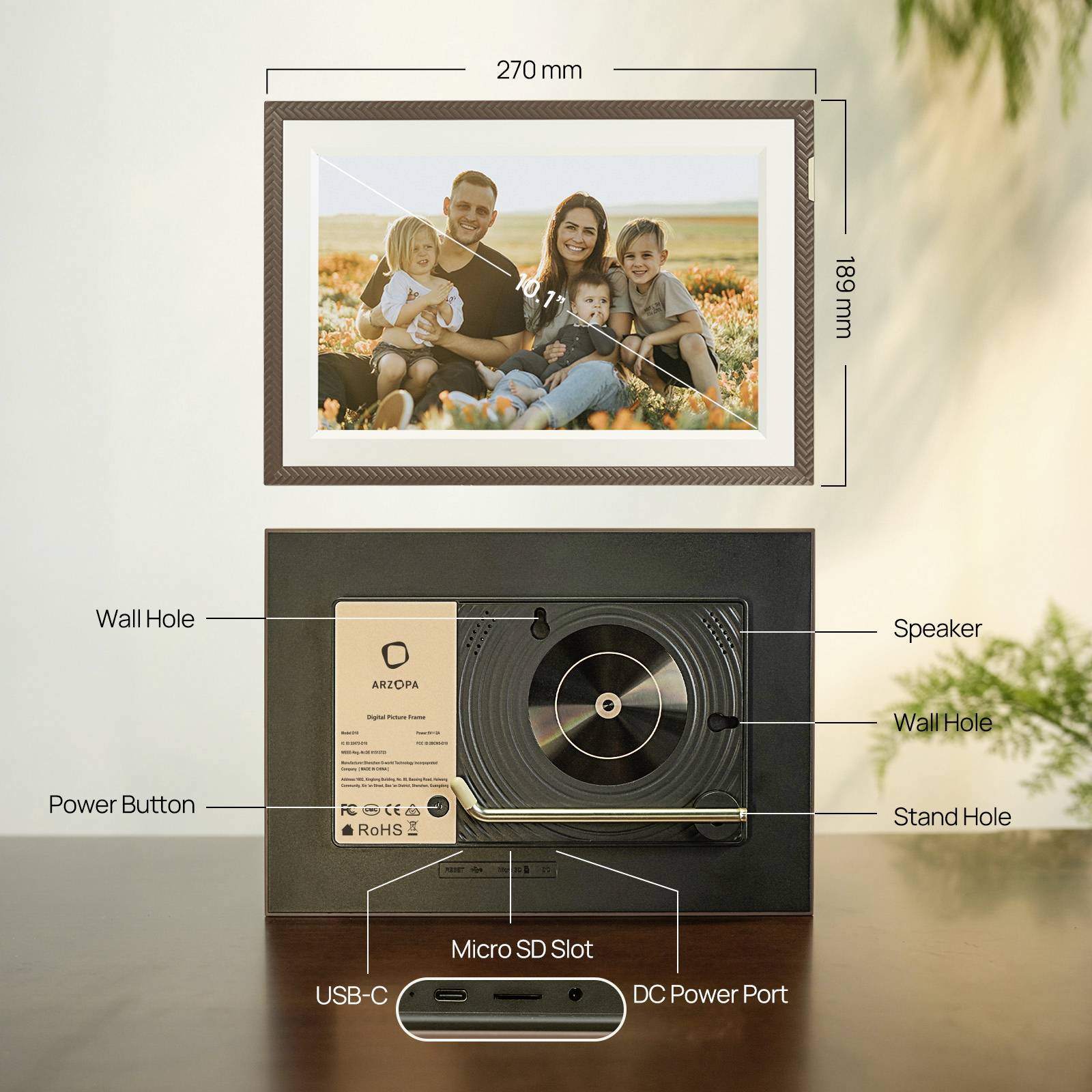 Arzopa D10 brown Digitaler Bilderrahmen 25.7cm 10.1 Zoll EEK: B (A - G) 1280 x 800 Pixel 32GB Braun