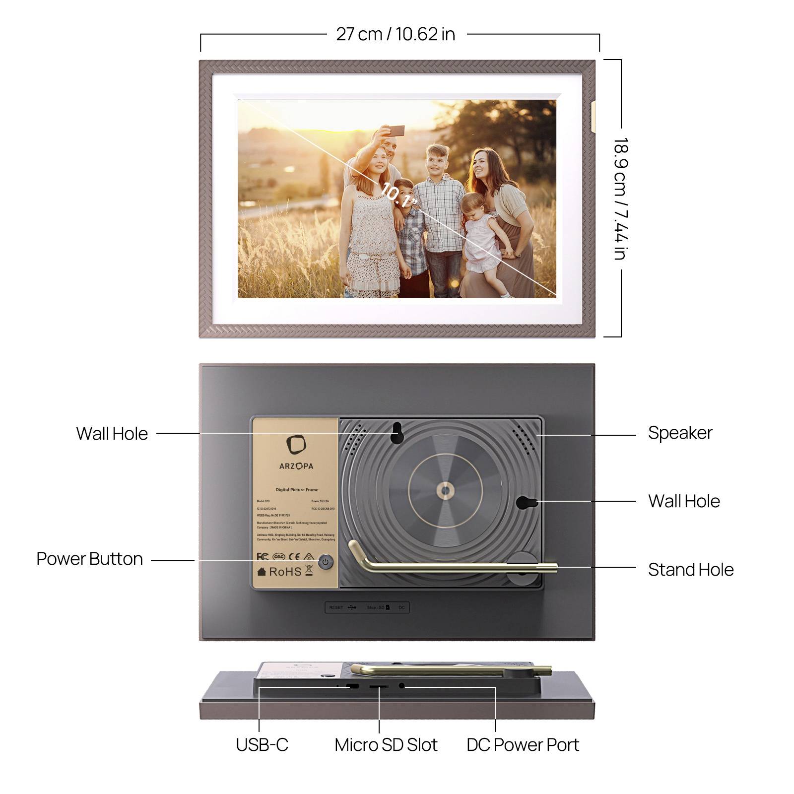 Arzopa D10 brown Digitaler Bilderrahmen 25.7cm 10.1 Zoll EEK: B (A - G) 1280 x 800 Pixel 32GB Braun