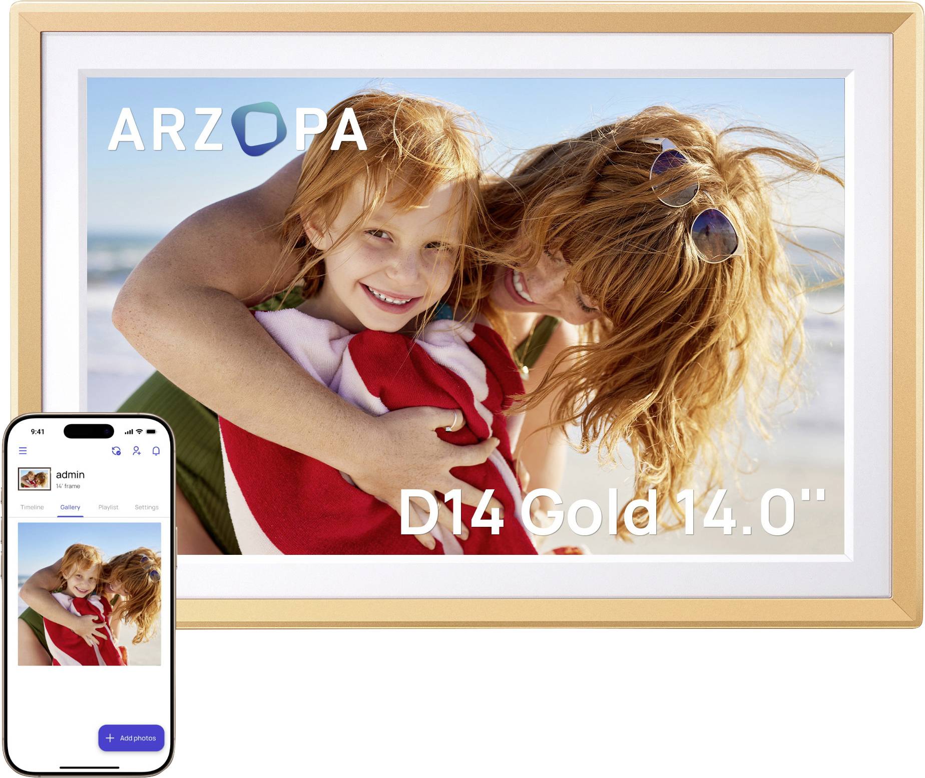 Arzopa D14 Digitaler Bilderrahmen 35.6cm 14 Zoll EEK: A (A - G) 1920 x 1200 Pixel 32GB Gelbgold