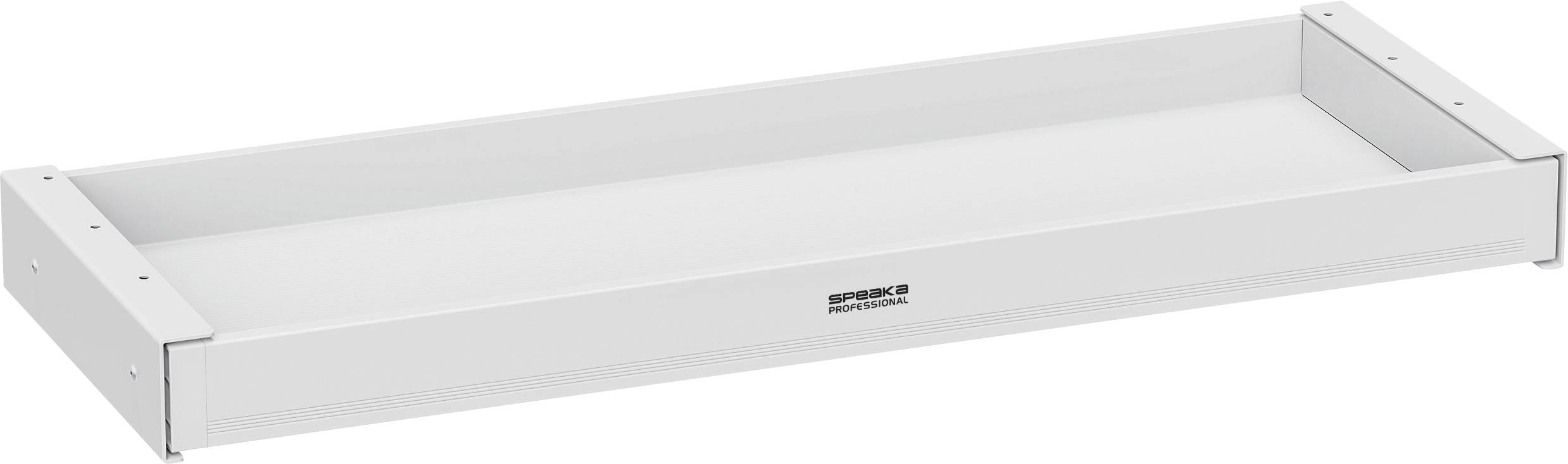 Eine weiße rechteckige Metallschublade mit Markenetikett 