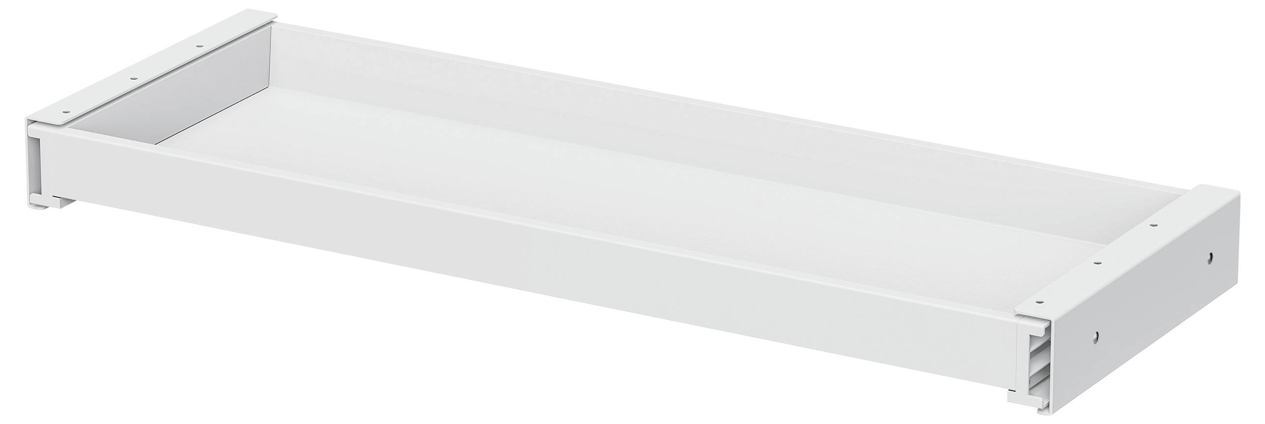 Ein weißes, rechteckiges Metallregal mit geschlossenen Enden und offenen Seiten, das zur Lagerung oder Organisation verwendet wird.