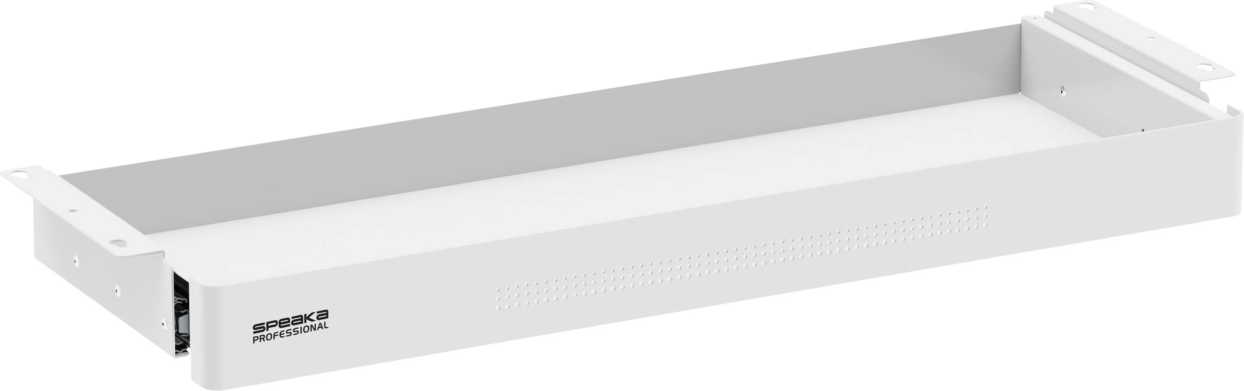 Ein weißes Rackschrank-Regal mit dem Speck-Logo an der Seite, entwickelt für die Montage in Server- oder AV-Rackschranksystemen, aus einer Winkelansicht betrachtet.