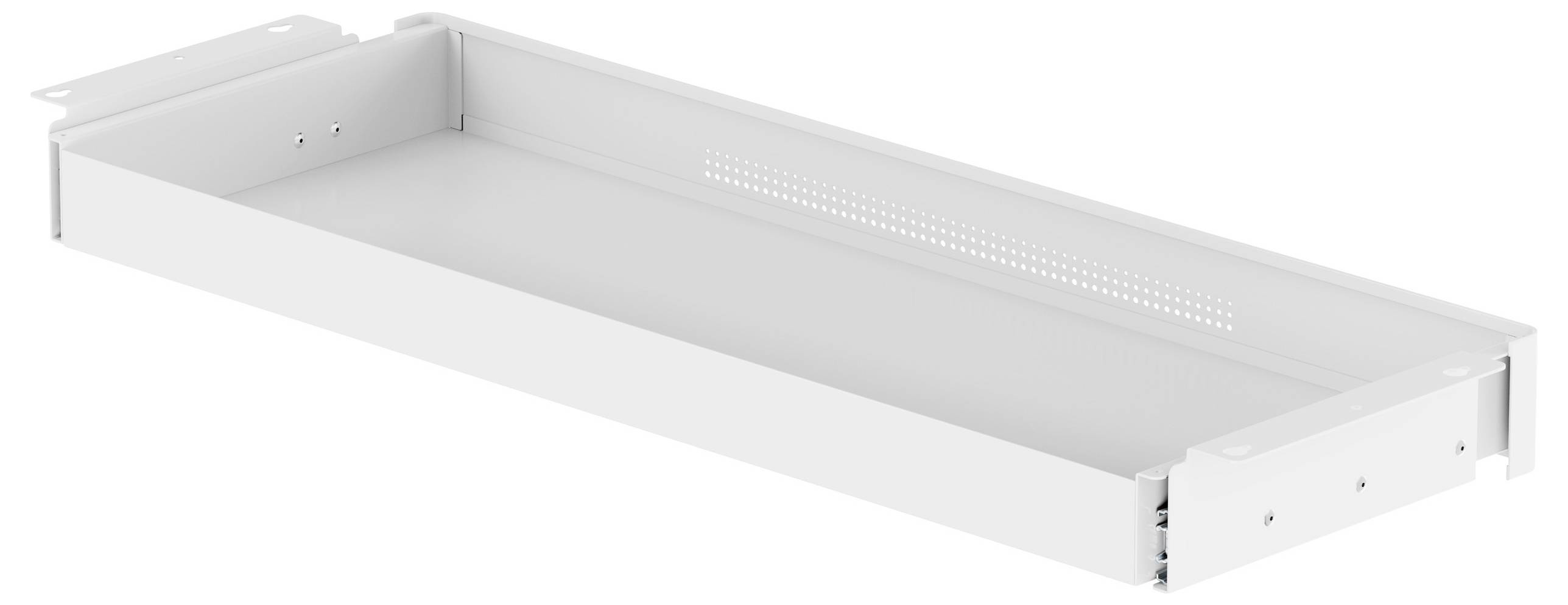 Ein Metallbehälter mit hohen Seiten, der zur Organisation oder Lagerung von Gegenständen verwendet wird, dargestellt in einer Dreiviertelansicht.