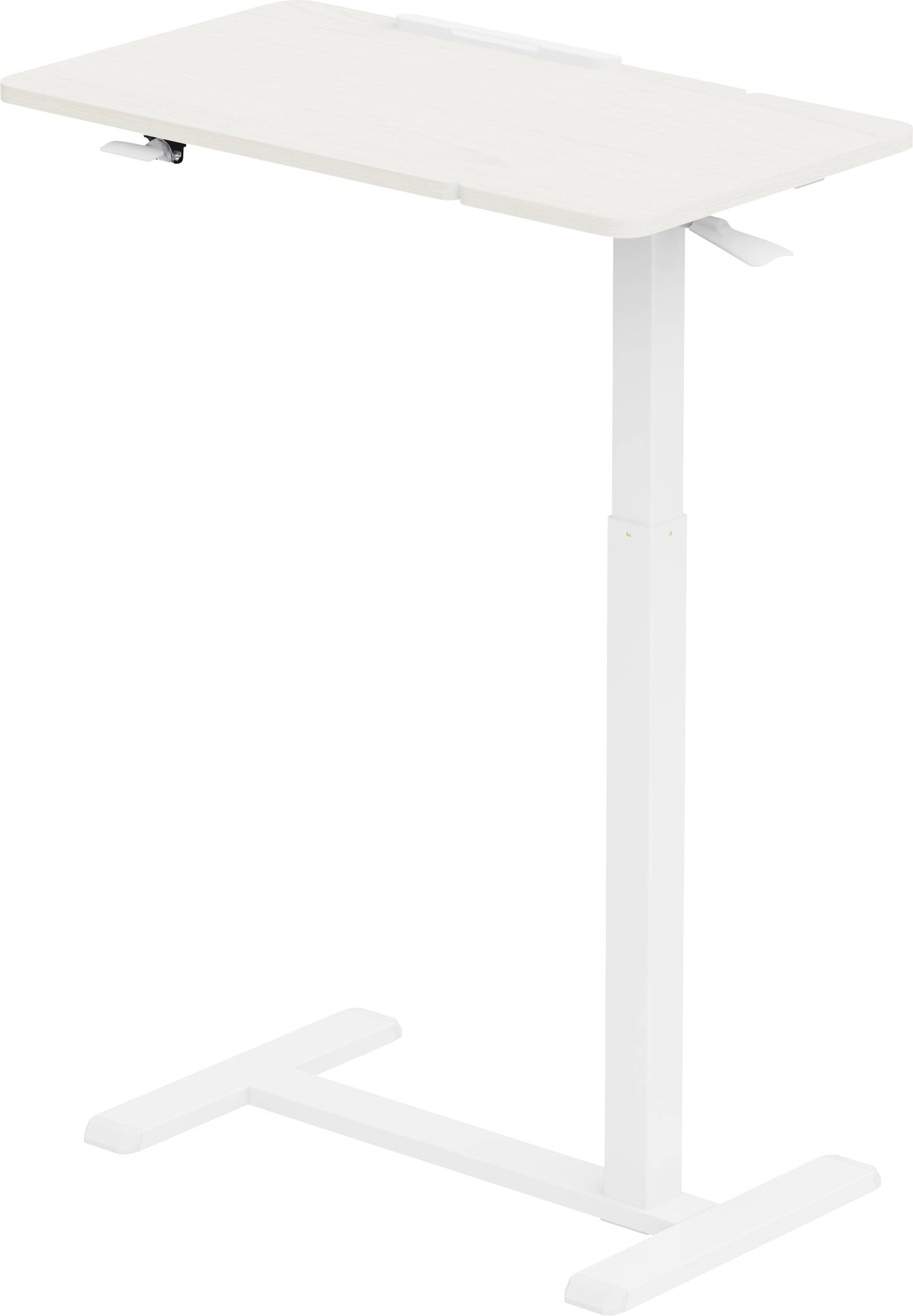 Ein weißer höhenverstellbarer Stehschreibtisch mit einer rechteckigen Oberfläche aus hellem Holz, gestützt durch ein T-förmiges Metallgestell und einen Hebel zur Höhenverstellung.