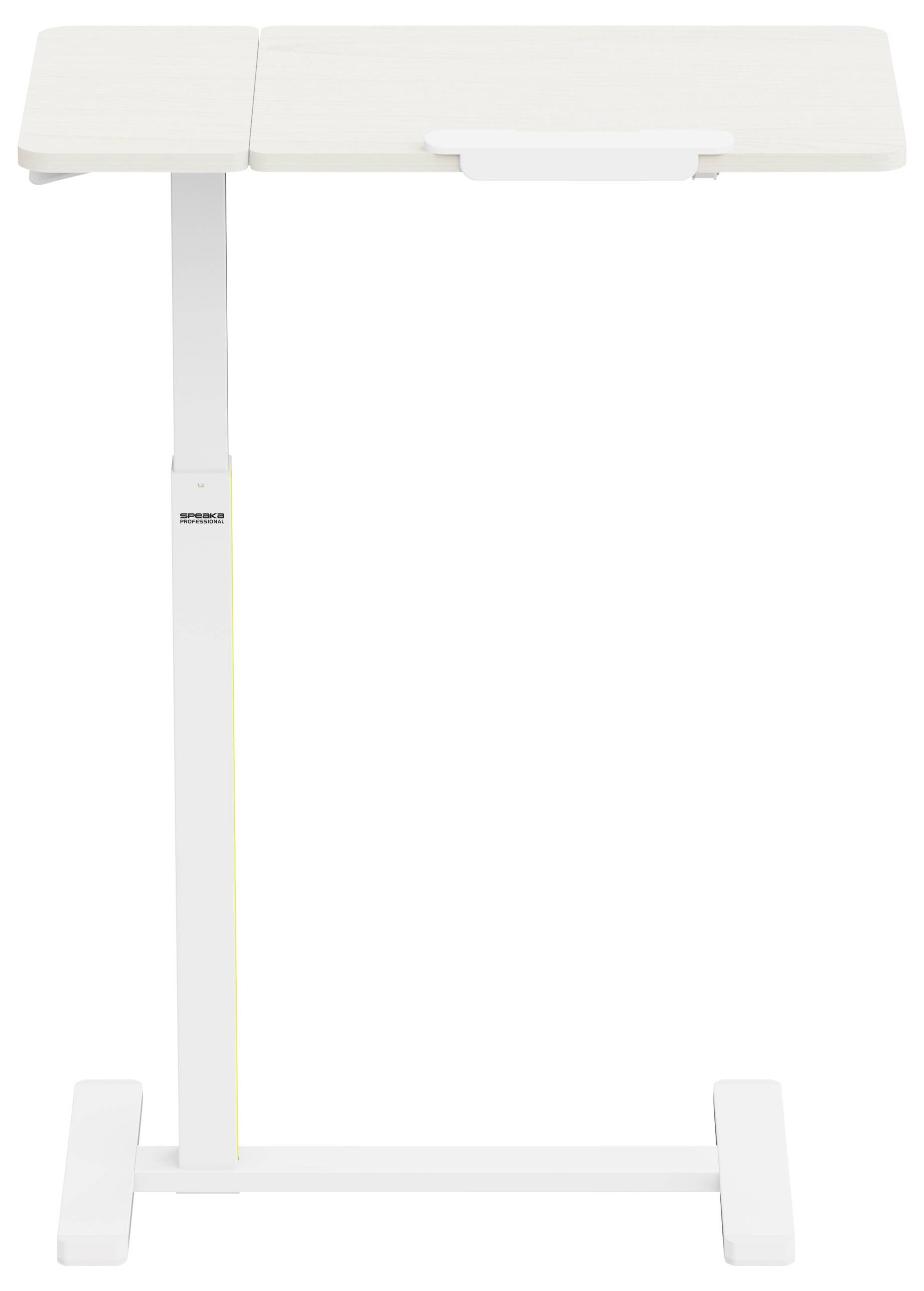 Mobiler Überbeettisch mit verstellbarer Höhe, weiße Tischplatte und Metallrahmen, entwickelt für den Komfort in Krankenhäusern oder häuslichen Pflegeeinrichtungen.