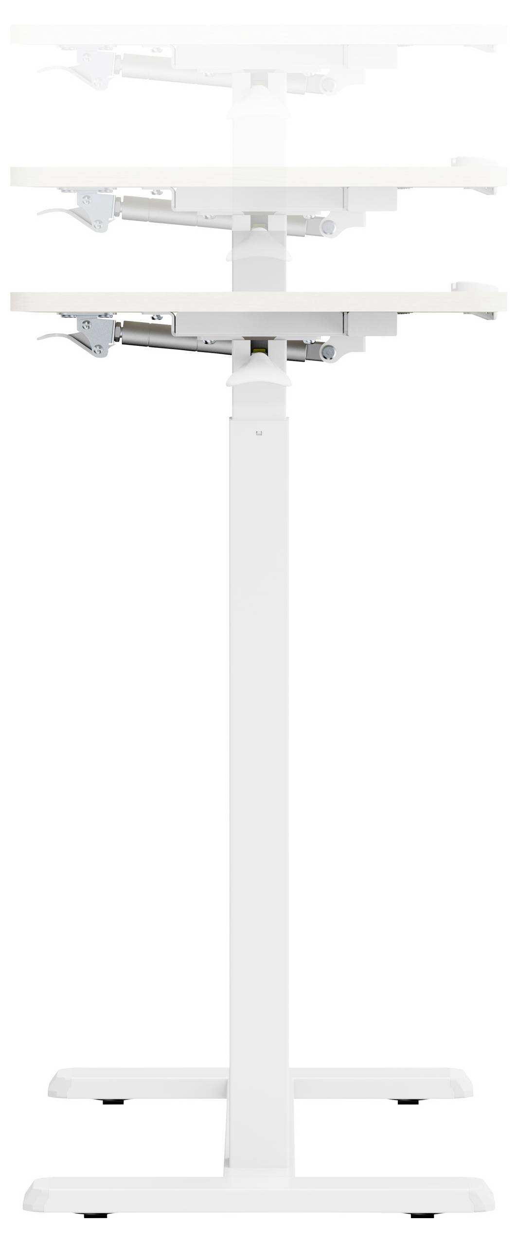 Ein verstellbarer weißer Schreibtisch mit drei Höheneinstellungen, der seine Fähigkeit zeigt, sich von einer niedrigen in eine hohe Position für die Verwendung im Stehen umzuwandeln.