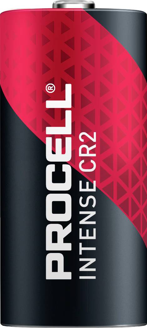 Schwarze und rote 'Procell Intense CR2' Batterie mit geometrischem Design auf dem Etikett.