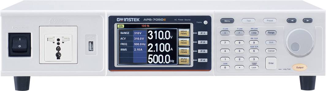Das Bild zeigt eine GW Instek ASR-2050E AC/DC Stromversorgung mit einer digitalen Anzeige für Spannungs-, Strom- und Frequenzeinstellungen.