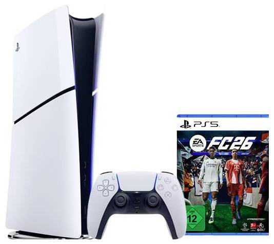 Eine PlayStation 5-Konsole mit einem DualSense-Controller und einer EA Sports FC 26 Spielebox davor.
