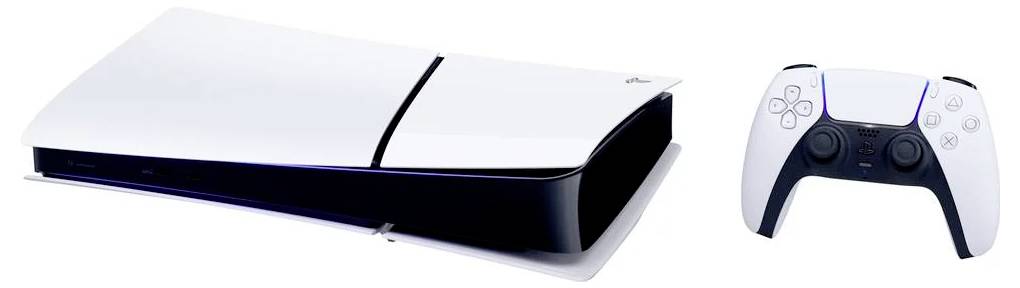 Eine weiße Spielkonsole mit schwarzen Akzenten, begleitet von einem drahtlosen weißen Controller mit blauen LED-Details, die modernes Gaming symbolisieren.