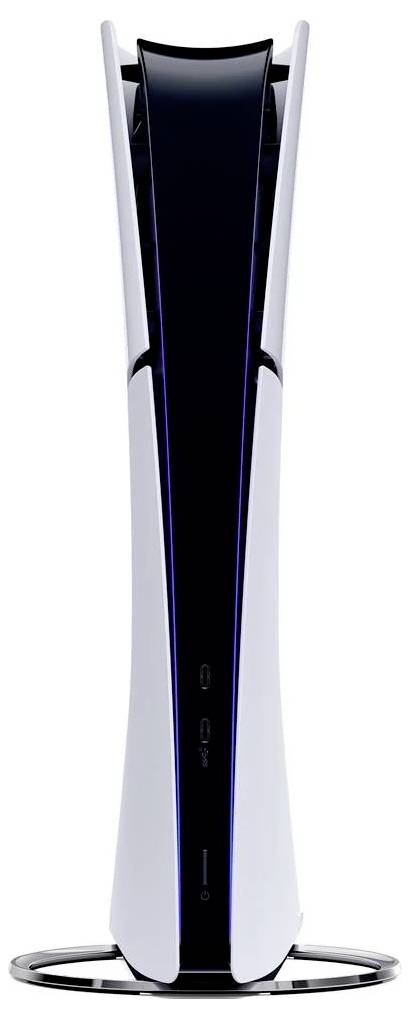 Eine vertikale Spielkonsole mit einem eleganten Design in Weiß und Schwarz, die zwei USB-Anschlüsse an der Vorderseite aufweist.