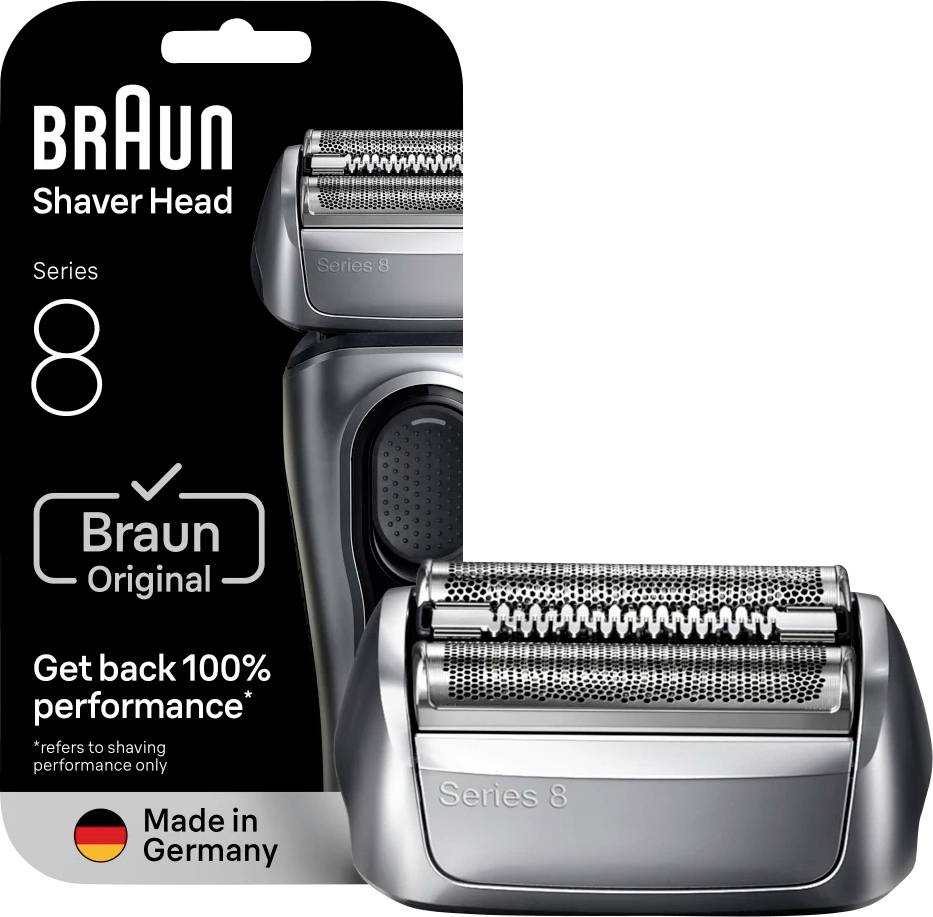 'Braun Rasierer Kopfserie 8', ausgestattet mit einem silbernen Ersatzkopf mit Klingen. Verpackungstext: 'Erlangen Sie 100% Leistung zurück'. Hergestellt in Deutschland.
