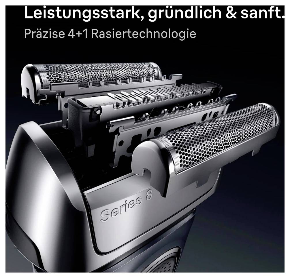 Elektrorasierer der Serie 8 in Nahaufnahme, zeigt präzise 4+1 Rasiertechnologie. Texte: 'Leistungsstark, gründlich & sanft.'