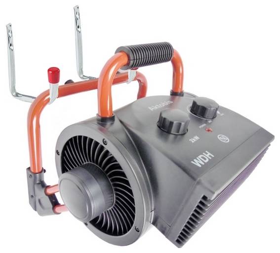 Das Bild zeigt einen schwarzen und orangefarbenen Industrieheizer mit Griffen, Drehreglern und einem Metallhalter zum Montieren oder Positionieren.