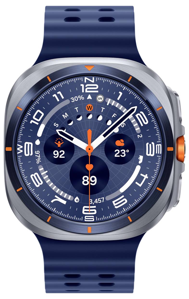 Eine blaue Smartwatch, die die Zeit anzeigt, mit einer Herzfrequenz von 92 Schlägen pro Minute, einer Temperatur von 23°C, einer Schrittzahl von 3.457 und einem Kalender mit Wochentagen.