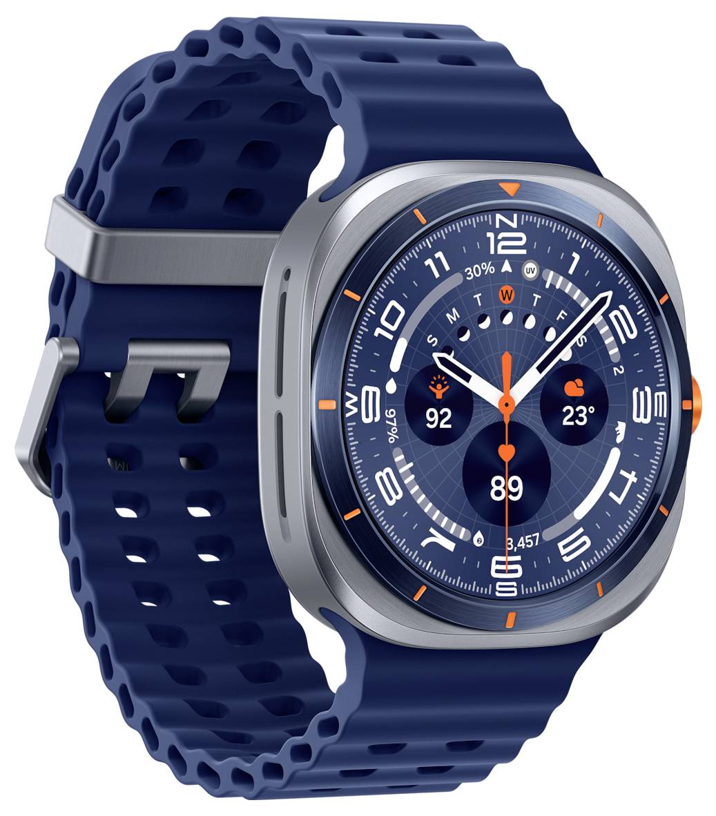 Smartwatch mit blauem Armband zeigt ein rundes digitales Display, das Uhrzeit, Datum, Wettersymbole und Aktivitätsmetriken wie Herzfrequenz anzeigt.