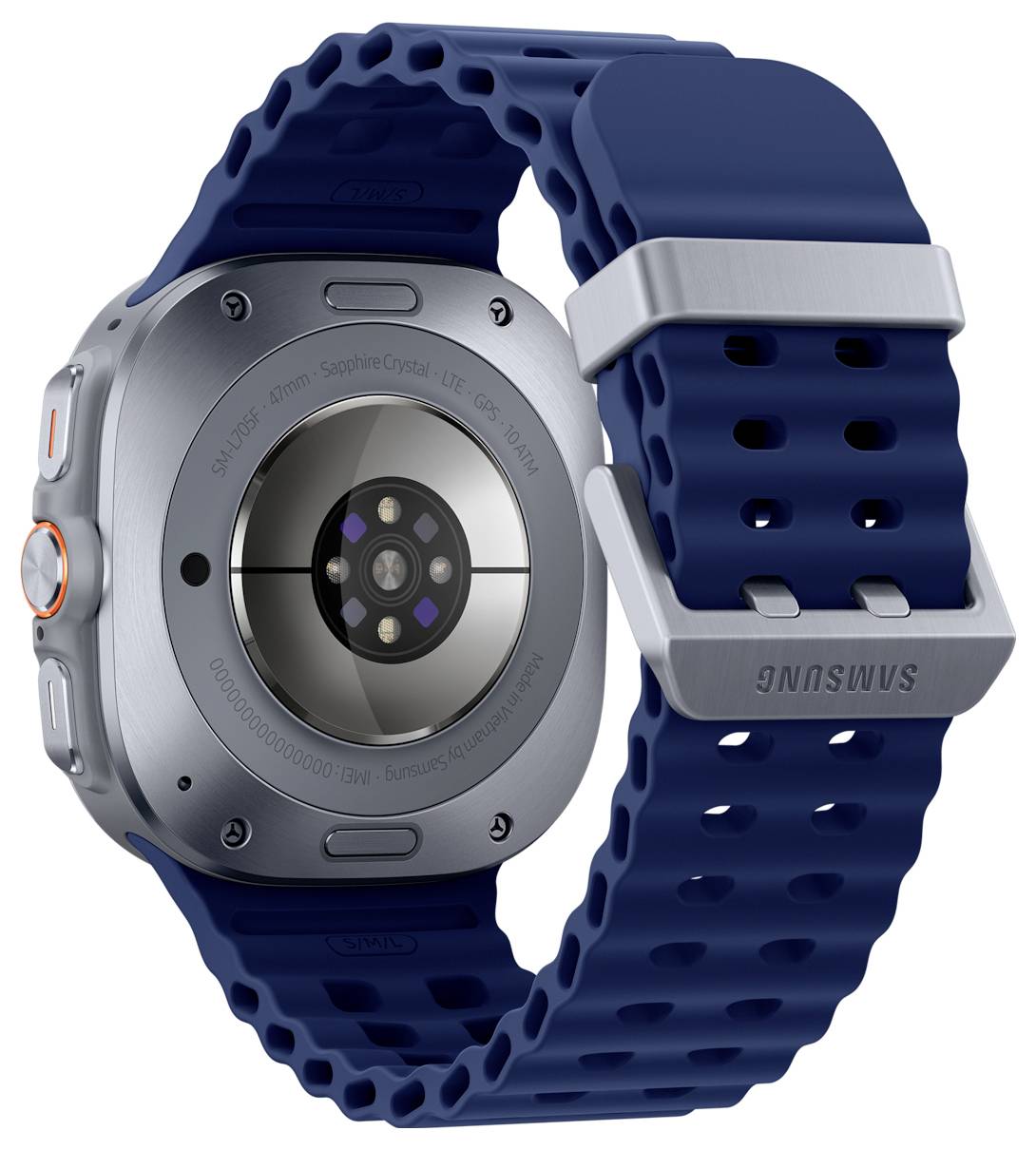 Eine Smartwatch mit einer Metallrückseite mit Sensoren und einem blauen gelochten Armband.