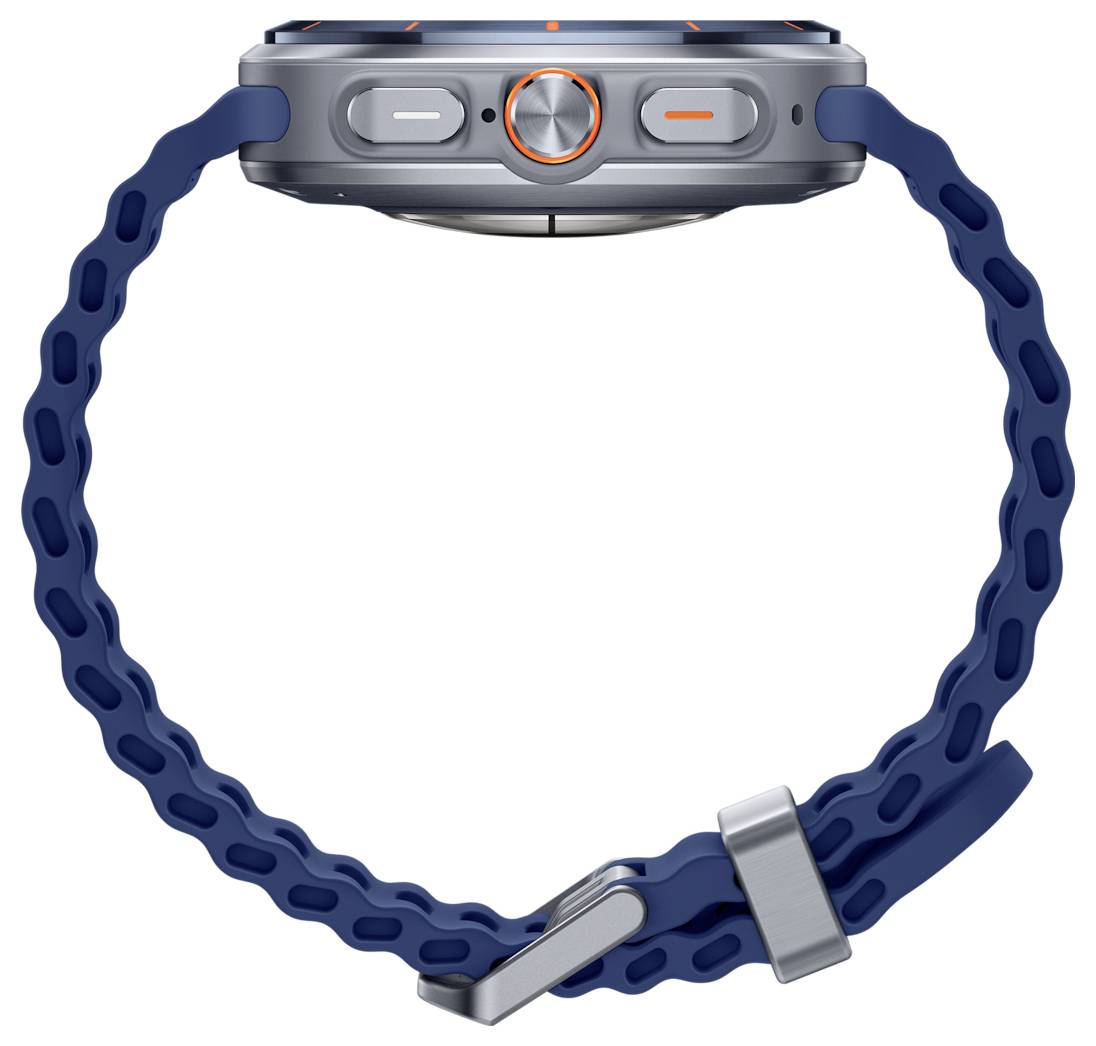 Eine Smartwatch mit einem blauen, robusten Armband, die Seitenansicht-Tasten und Drehknöpfe auf einem Metallrahmen präsentiert, der für Outdoor-Aktivitäten konzipiert ist.