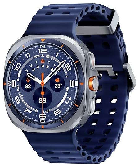 Eine Smartwatch mit einem blauen durchlöcherten Armband, die die Uhrzeit 10:09 anzeigt. Das Display zeigt Wetterinformationen, Datum und Aktivitätsmetriken.