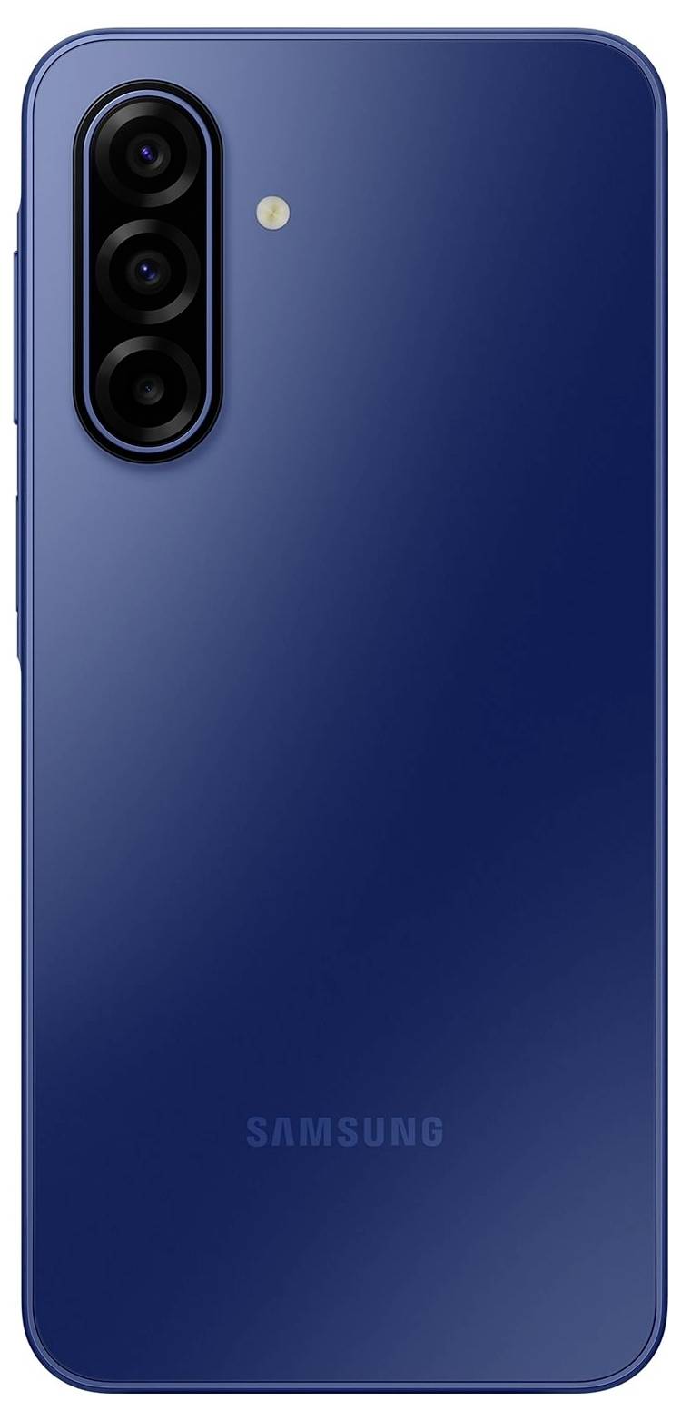 Ein blaues Smartphone mit einem Drei-Kamera-System und einem Blitz auf der Rückseite. Der Markenname ist dezent am unteren Rand sichtbar.