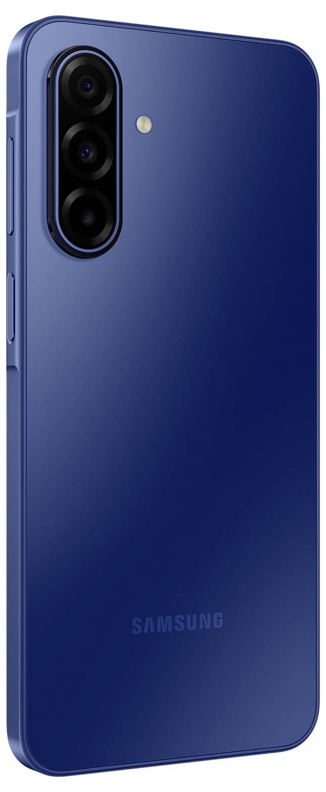 Blauer Samsung-Smartphone mit drei Rückkameras und einem Blitz, der sein schlankes Design für Werbezwecke hervorhebt.