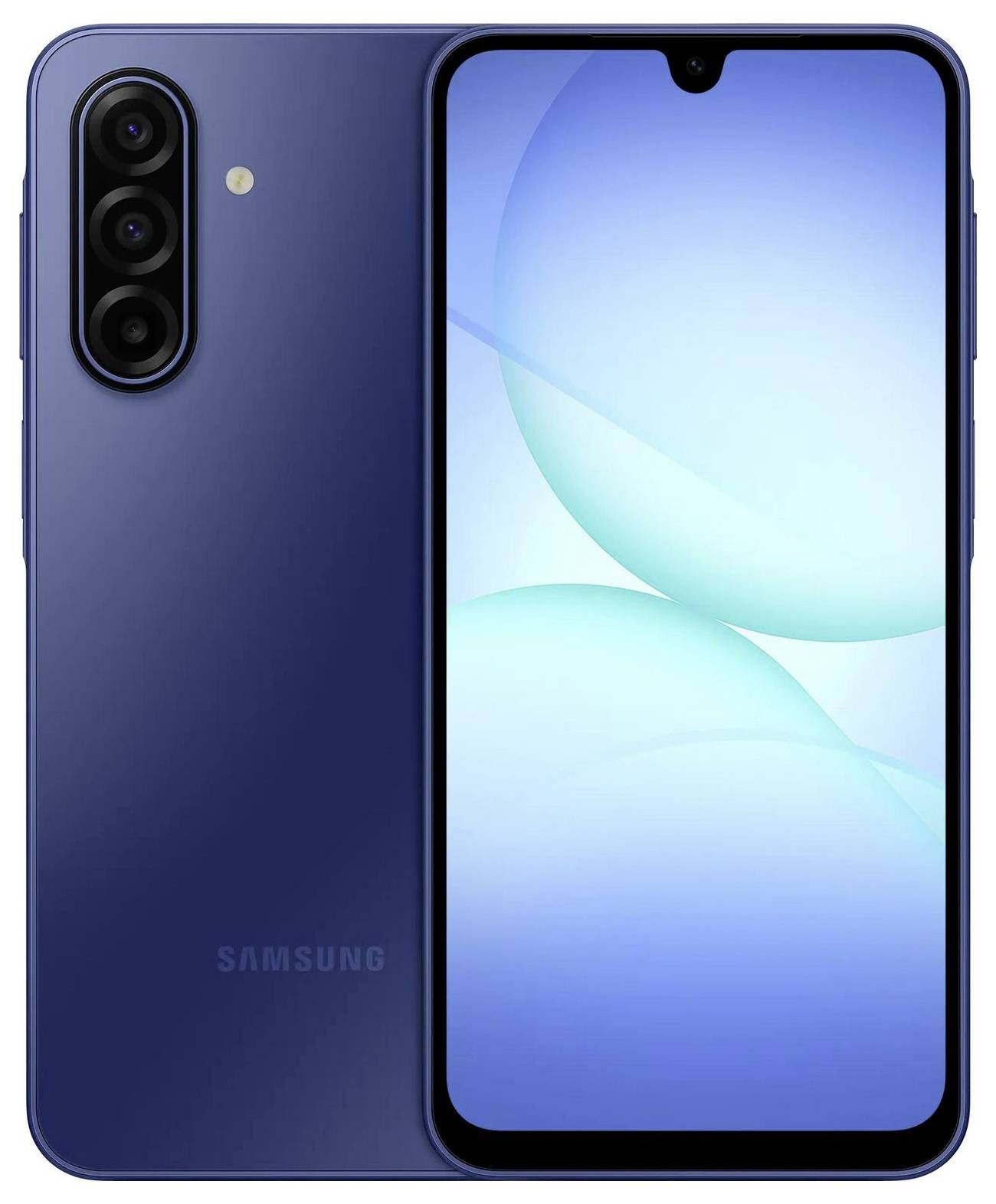 Smartphone mit dreifacher Rückkamera in blauer Farbe, ausgestattet mit einem großen Touchscreen-Display.