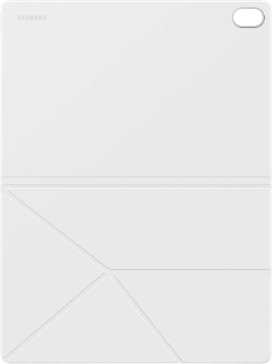 Eine weiße Samsung Tablet-Hülle mit geometrischen Faltlinien und einer rechteckigen Kameraaussparung in der oberen rechten Ecke.