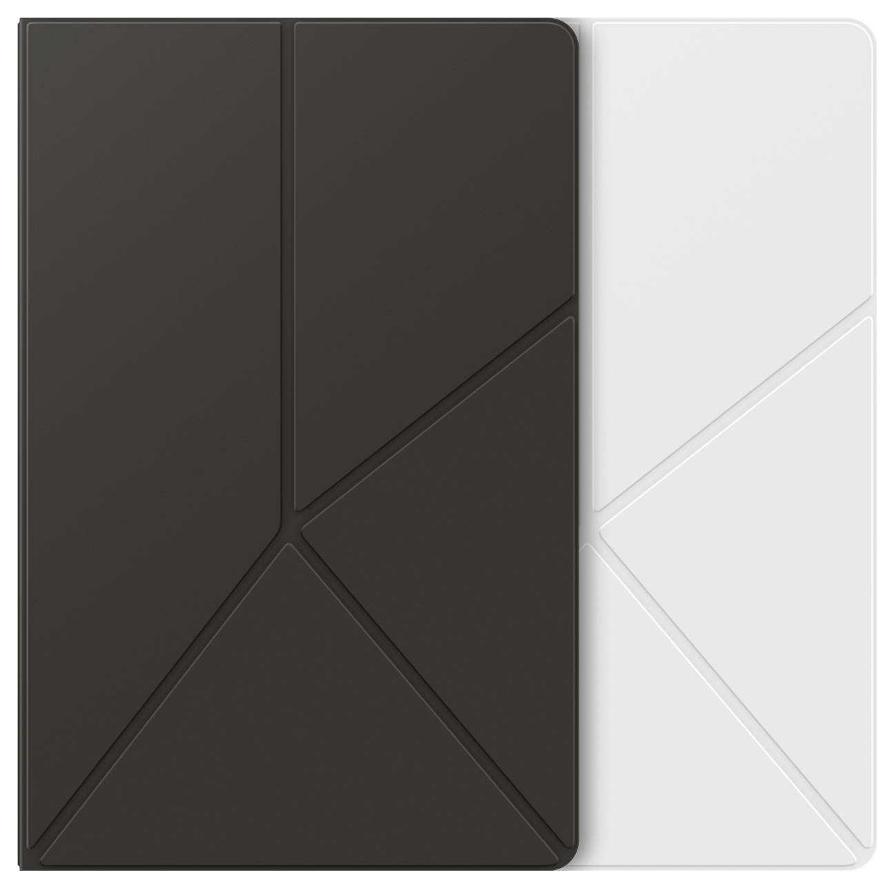 Eine schwarz-weiße Tablet-Hülle mit geometrischen Faltmustern wird gezeigt. Das Design weist kantige Linien für vielseitiges Falten auf.