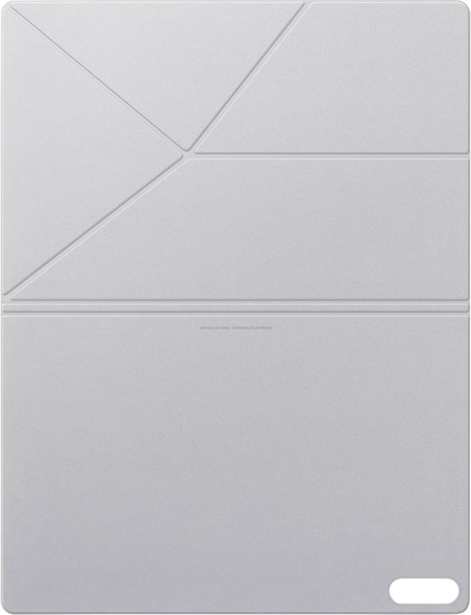 Eine hellgraue faltbare Schutzabdeckung mit geometrischen Designmustern und einer kleinen Aussparung in der Nähe des unteren Randes, wahrscheinlich für ein Gerät.