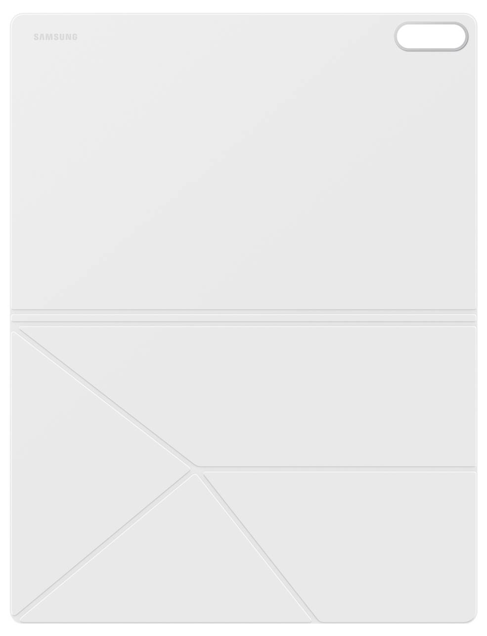 Ein weißes Samsung-Tablet mit minimalistischem Design, das geometrische Muster und ein dezentes Logo in der Ecke zeigt.