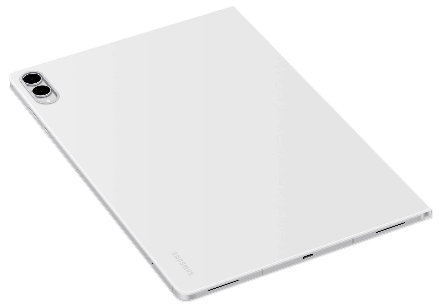 Eine dünne, weiße Tablette mit zwei Rückkameras in der oberen linken Ecke, von hinten betrachtet. Das Samsung-Logo ist auf der Oberfläche sichtbar.