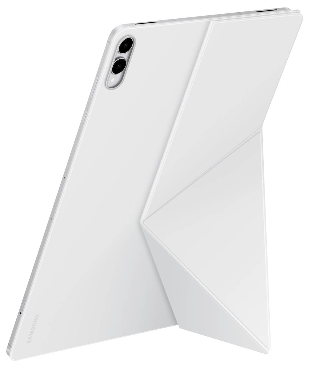 Eine weiße Tablette mit dualen Rückkameras und einem Klappständer wird aus einem Seitenwinkel gezeigt, wobei ihr schlankes Design und der innovative Ständer hervorgehoben werden.