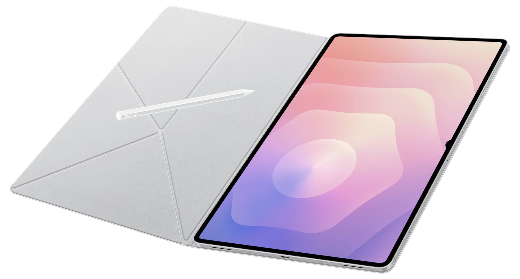 Ein schlankes Tablet mit einem digitalen Stift liegt auf einer geometrisch strukturierten Hülle. Der Tabletbildschirm zeigt ein farbenfrohes abstraktes Gradientendesign.