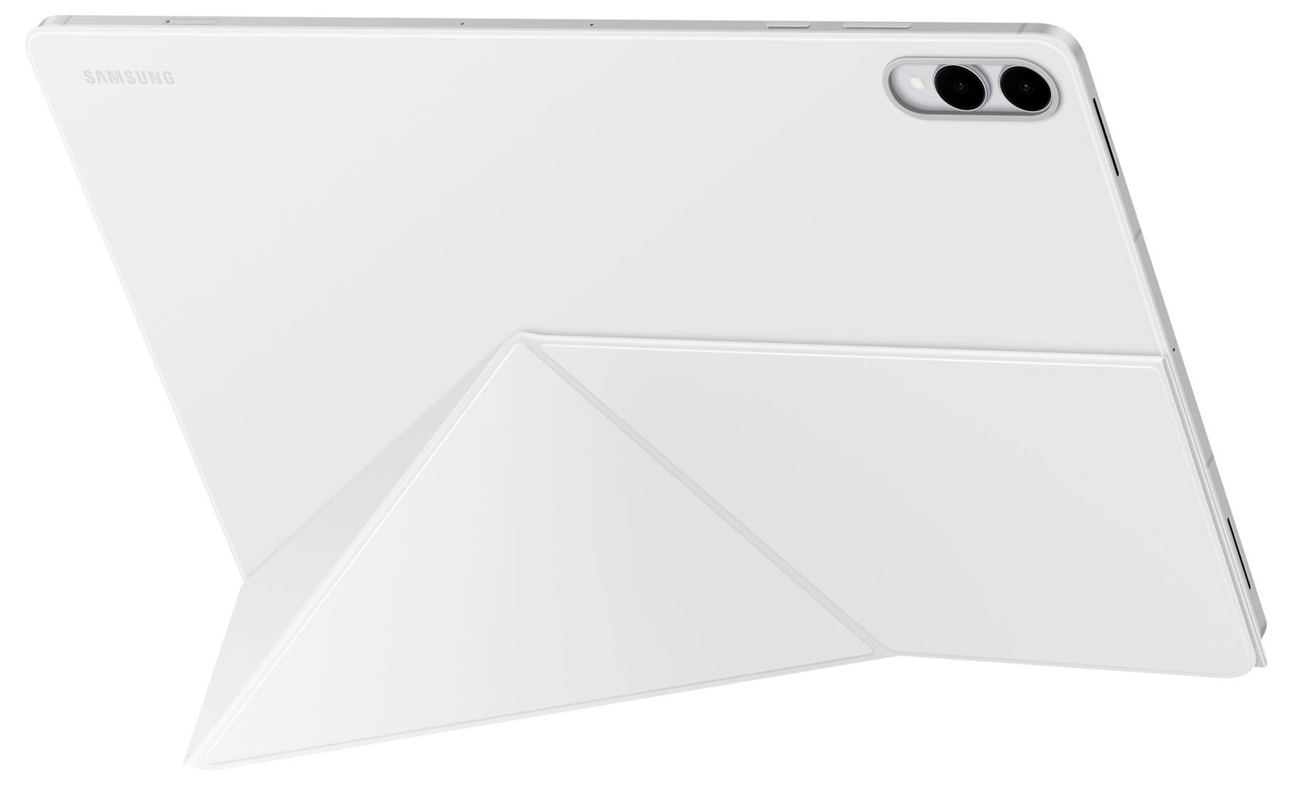 Rückansicht eines weißen Tablets mit Dual-Kameras, gestützt von einem dreieckigen Ständer, in einem Winkel für einfache Nutzung.