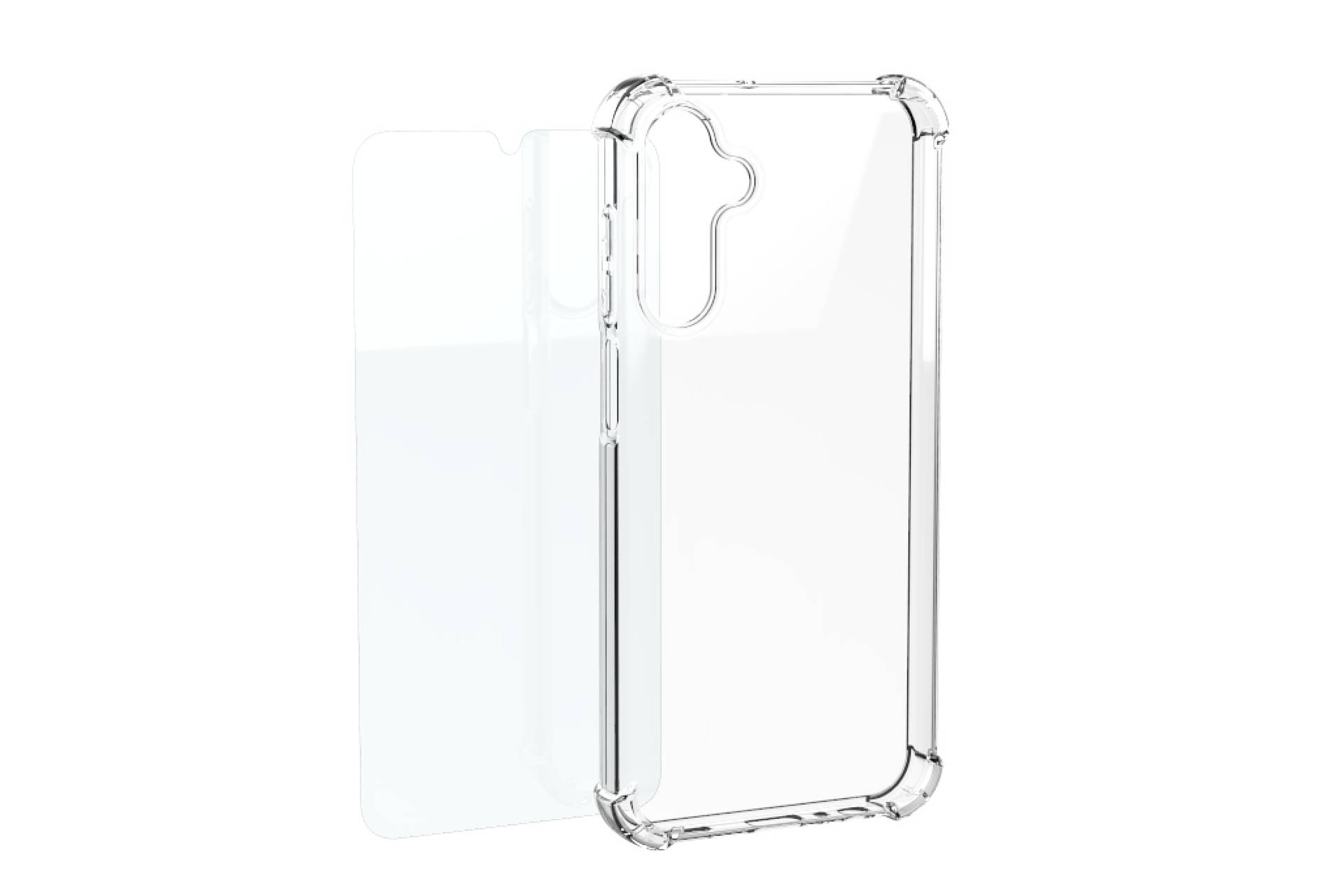 Transparentes Smartphone-Schutzhülle mit separater durchscheinender Schutzfolie nebeneinander auf weißem Hintergrund.
