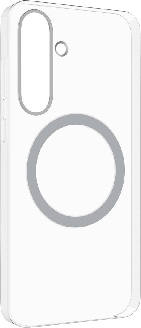 Eine transparente Handyhülle mit einem kreisförmigen MagSafe-Ring und einem vertikalen Kameraausschnitt auf der Rückseite.