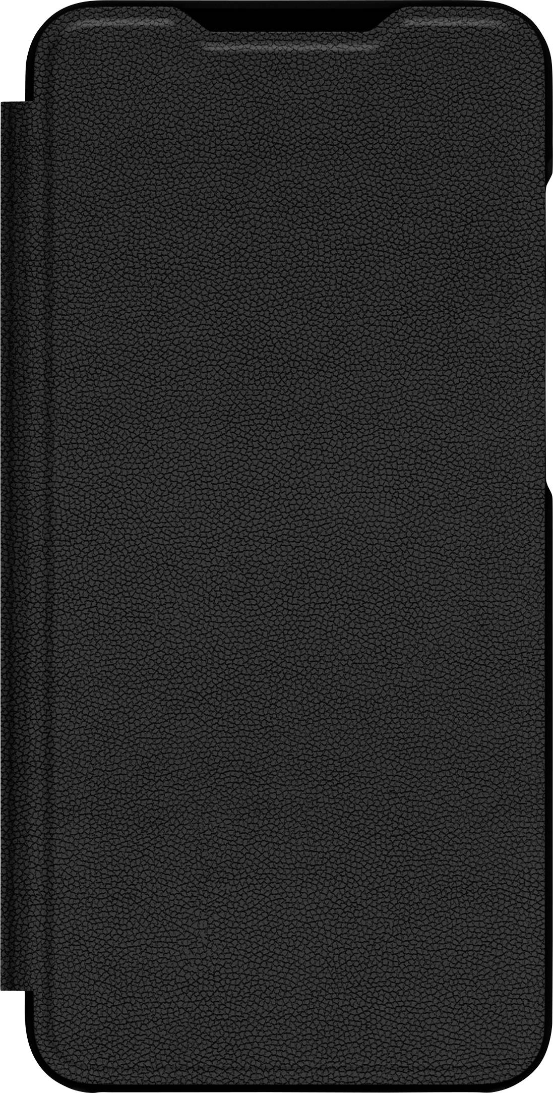 Eine geschlossene schwarze Ledertasche für ein Smartphone mit strukturierter Oberfläche.