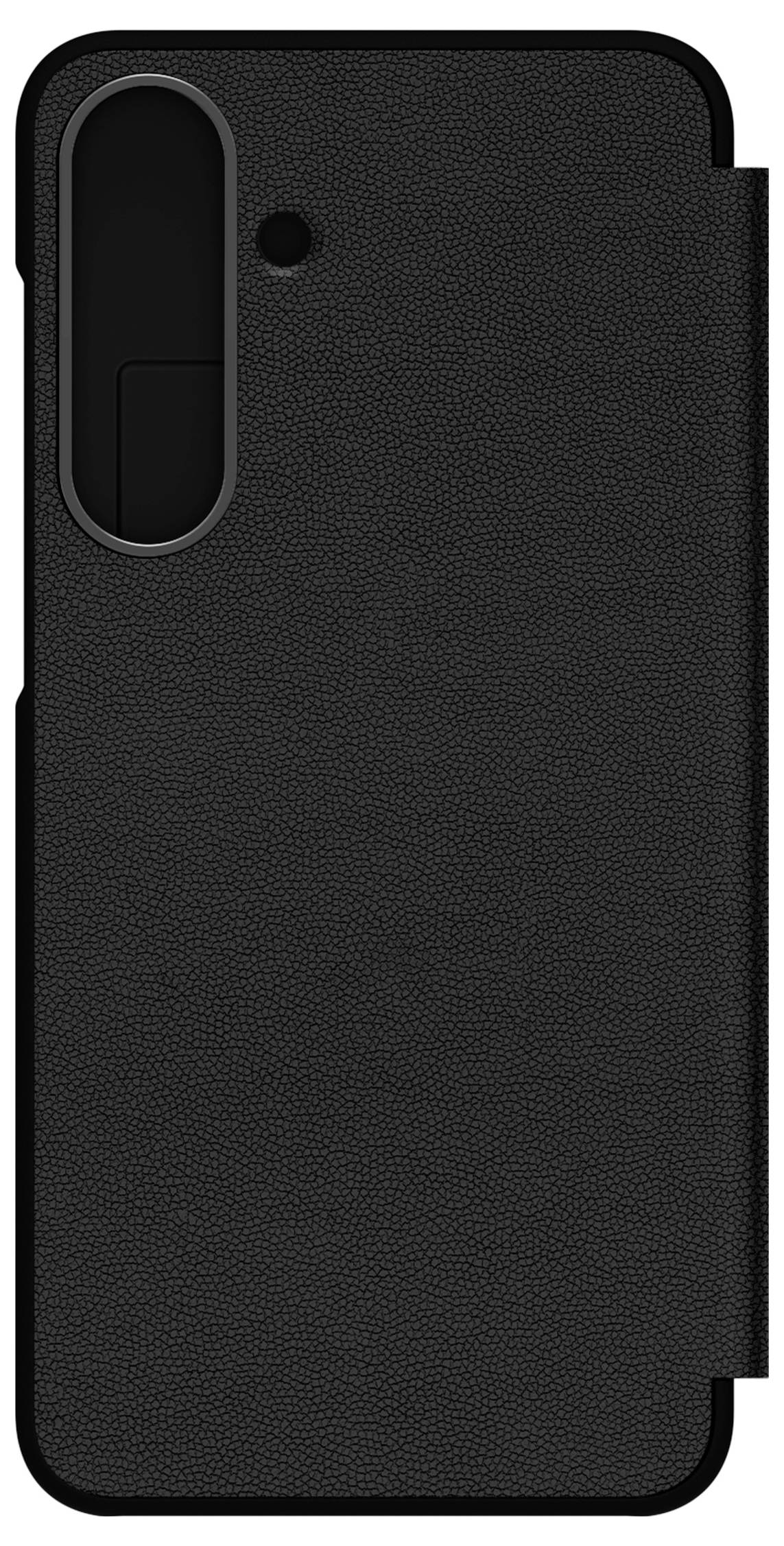 Ein schwarzes, strukturiertes Smartphone-Gehäuse mit einem Schlitz an der Seite und einer kleinen kreisrunden Aussparung an der Oberseite, von der Rückseite betrachtet.